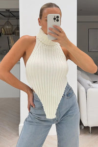 Korinne ribbed knit roll neck backless top - cream