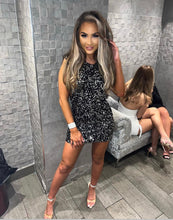 Load image into Gallery viewer, Blair sequin padded shoulder mini dress - black