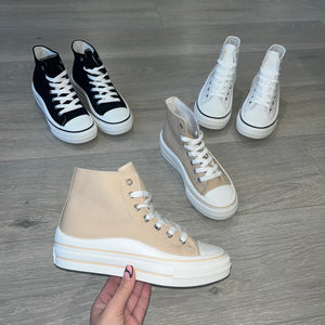 SALE Connie canvas platform lace up hi top trainers - beige size 8