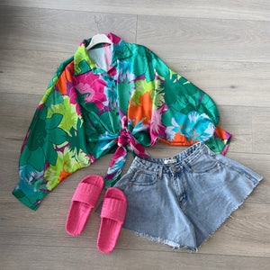Tia bright flower print shirt blouse - green