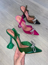 Load image into Gallery viewer, Jasmin perspex diamanté bow detail heels - green