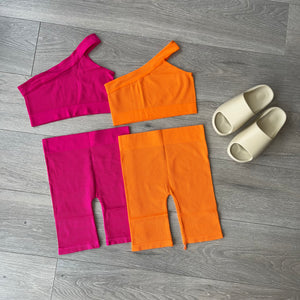 SALE Camilla ribbed seamless one shoulder cycling short set - orange