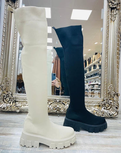 Rhea thigh high chunky sole sock boots - cream