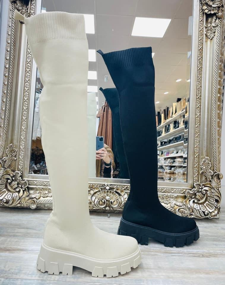 Rhea thigh high chunky sole sock boots - cream