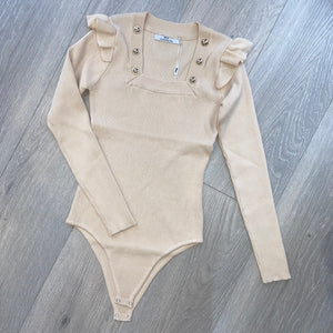 Aurora button and frill detail ribbed bodysuit - nude