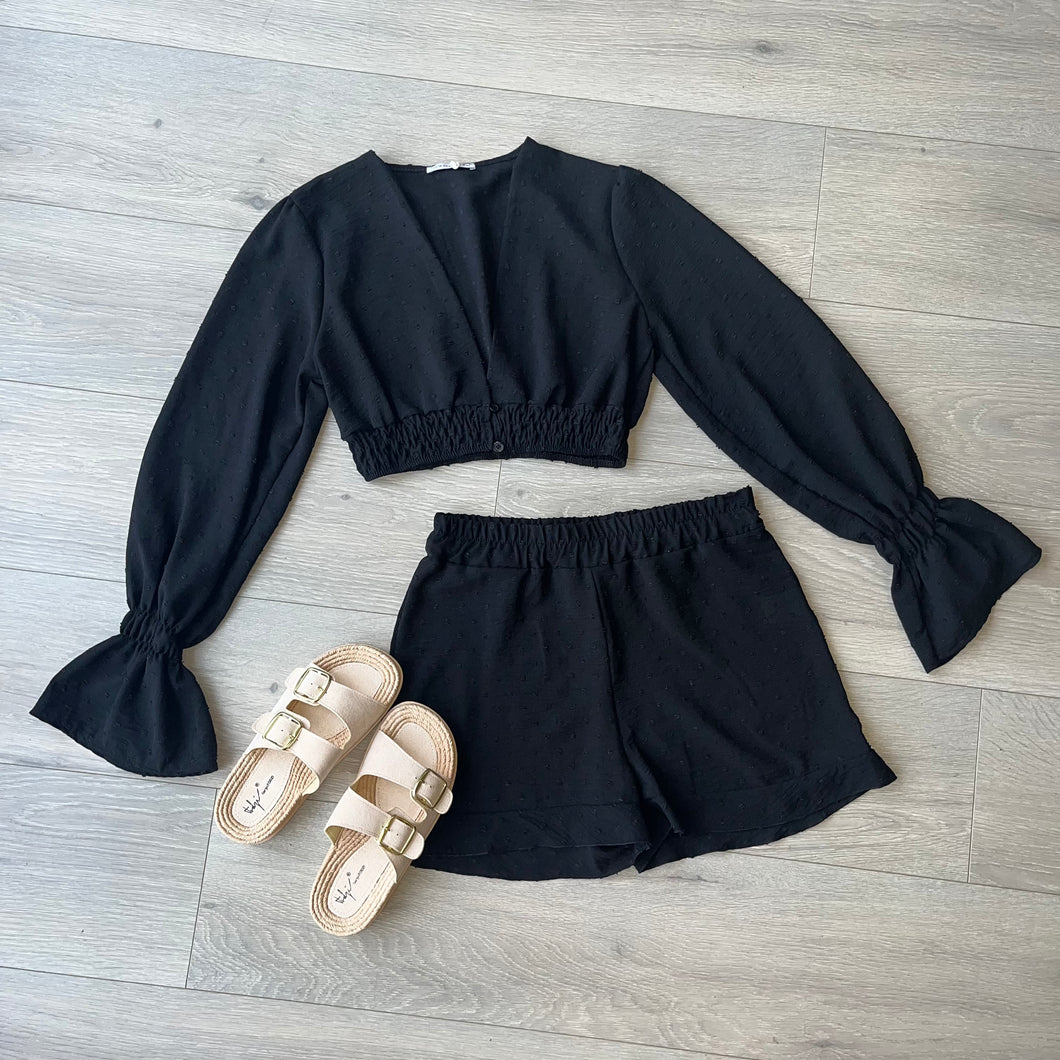 Carmella flare sleeve crop and shorts set - black