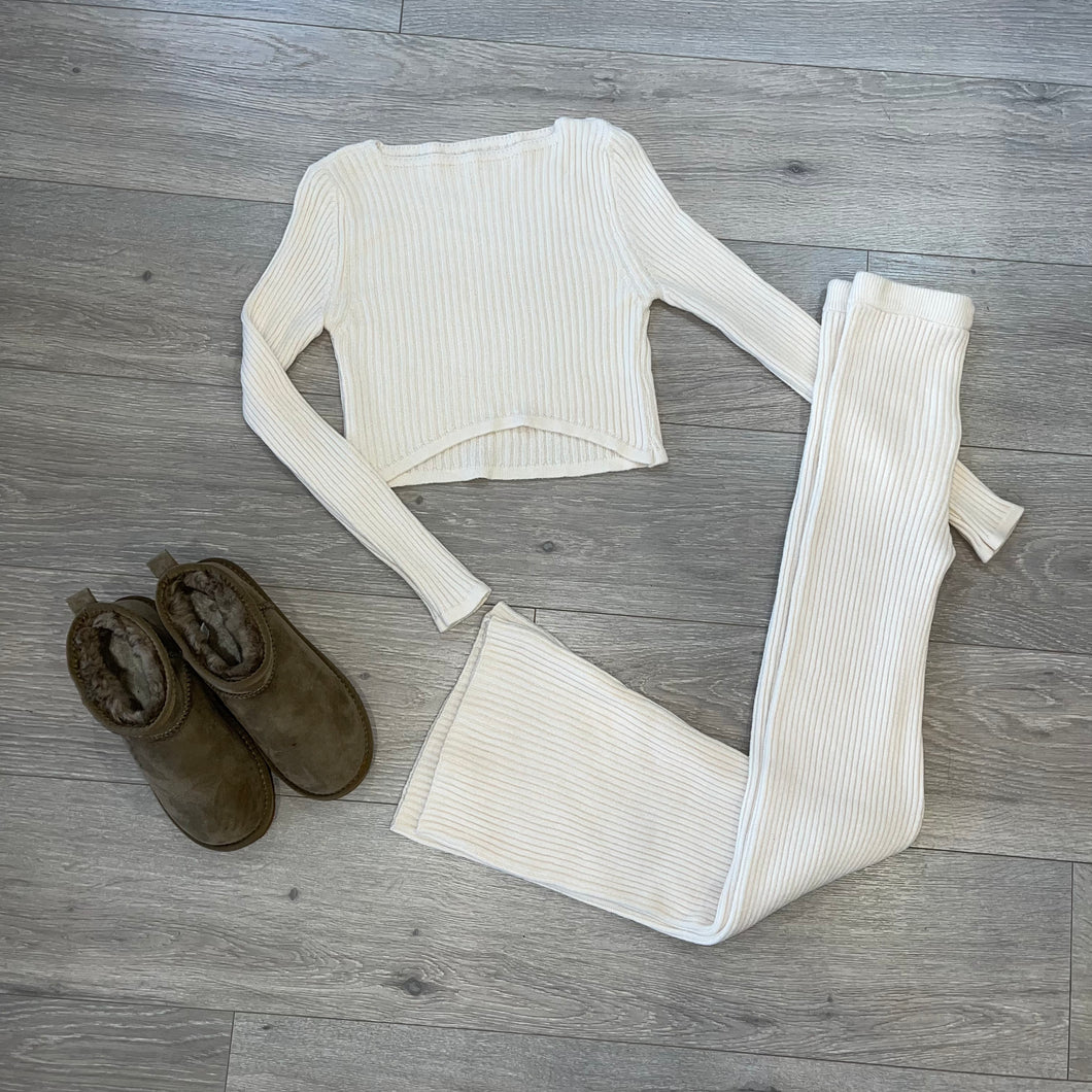 Tyra knit cropped top and trouser set - cream