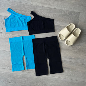 SALE Camilla ribbed seamless one shoulder cycling short set - black