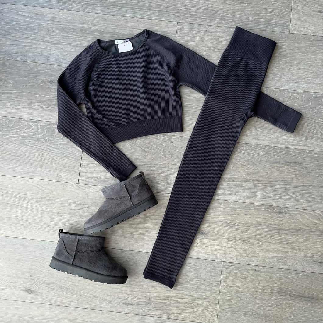 Carrie ribbed crop and leggings set - charcoal grey