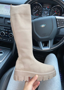 Rhea knee high chunky sole sock boots - beige