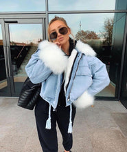 Load image into Gallery viewer, Koko oversized denim faux fur trim jacket - blue/white