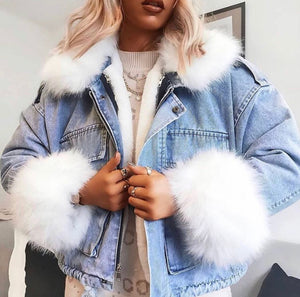 Koko oversized denim faux fur trim jacket - blue/white