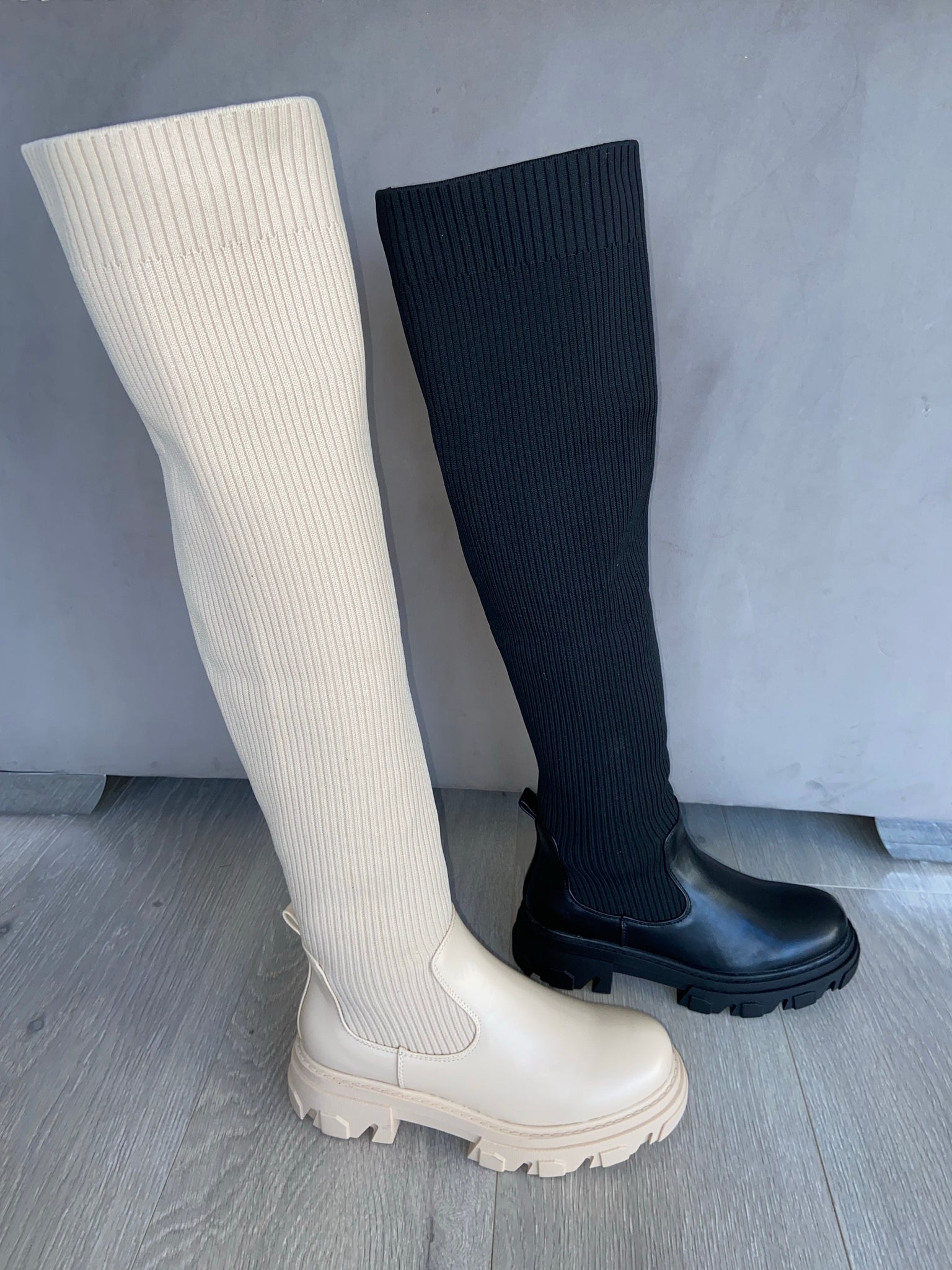 Falon thigh high knit boots cream – LLUK