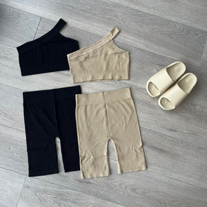 SALE Camilla ribbed seamless one shoulder cycling short set - beige