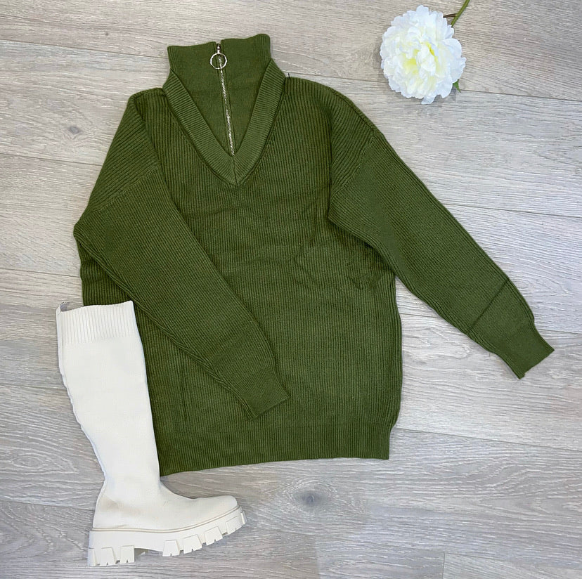 Tayla ribbed knit jumper with zip - green