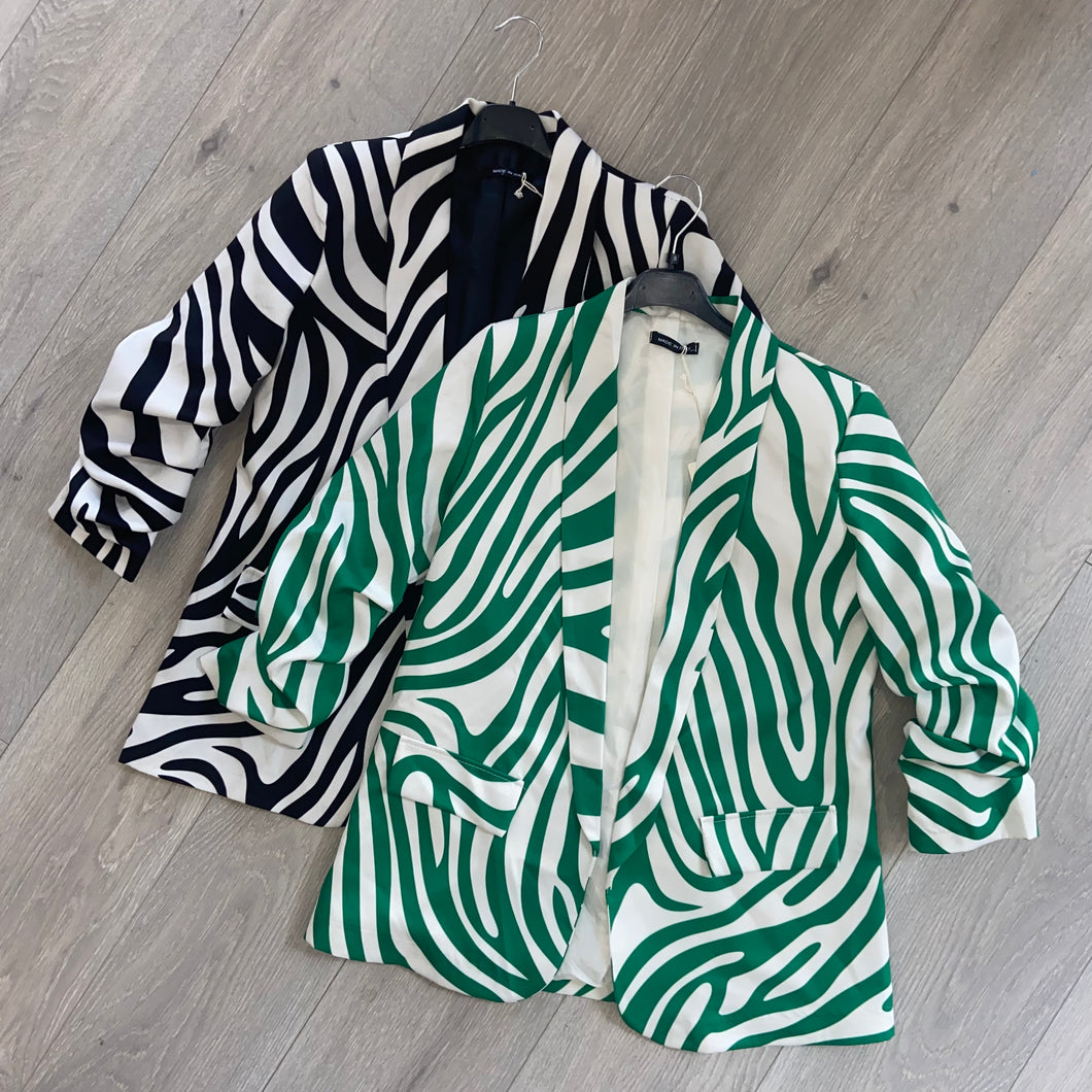 Aleah ruched crop sleeve blazer - green zebra
