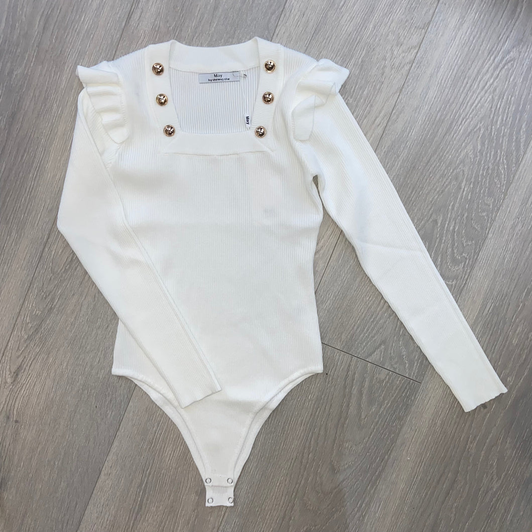 Aurora button and frill detail ribbed bodysuit - white