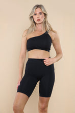 Load image into Gallery viewer, Camilla ribbed seamless one shoulder cycling short set - black