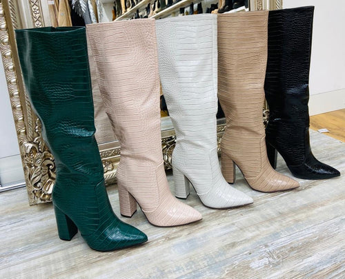 Laya croc print block heel knee high boots - choose colour