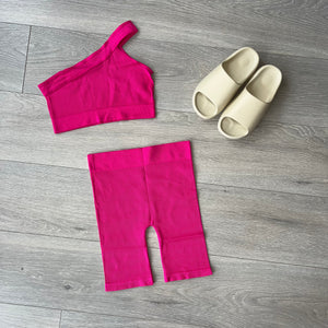SALE Camilla ribbed seamless one shoulder cycling short set - pink