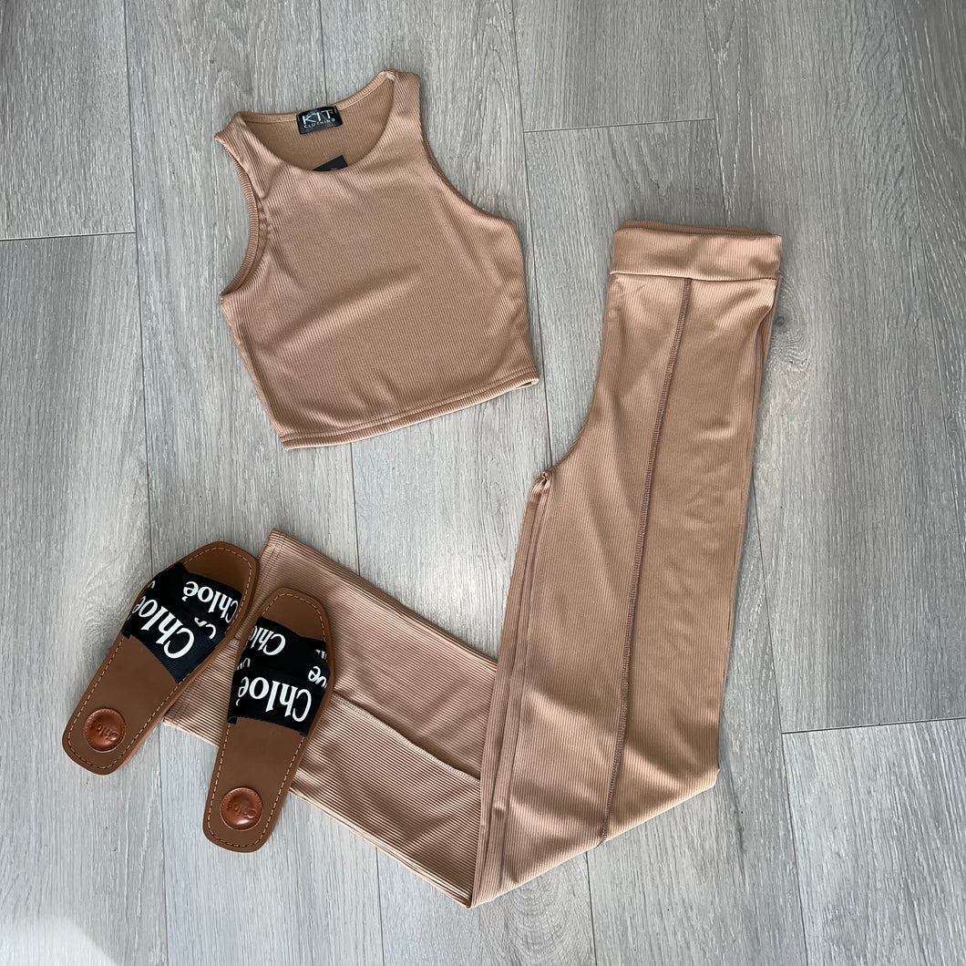 Sidney ribbed crop and trouser set - tan