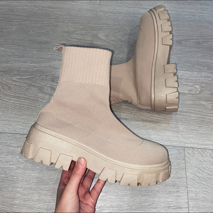 Rhea style 2 chunky sole sock boots - beige