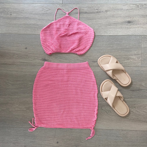 Bea crochet skirt and crop set - pink