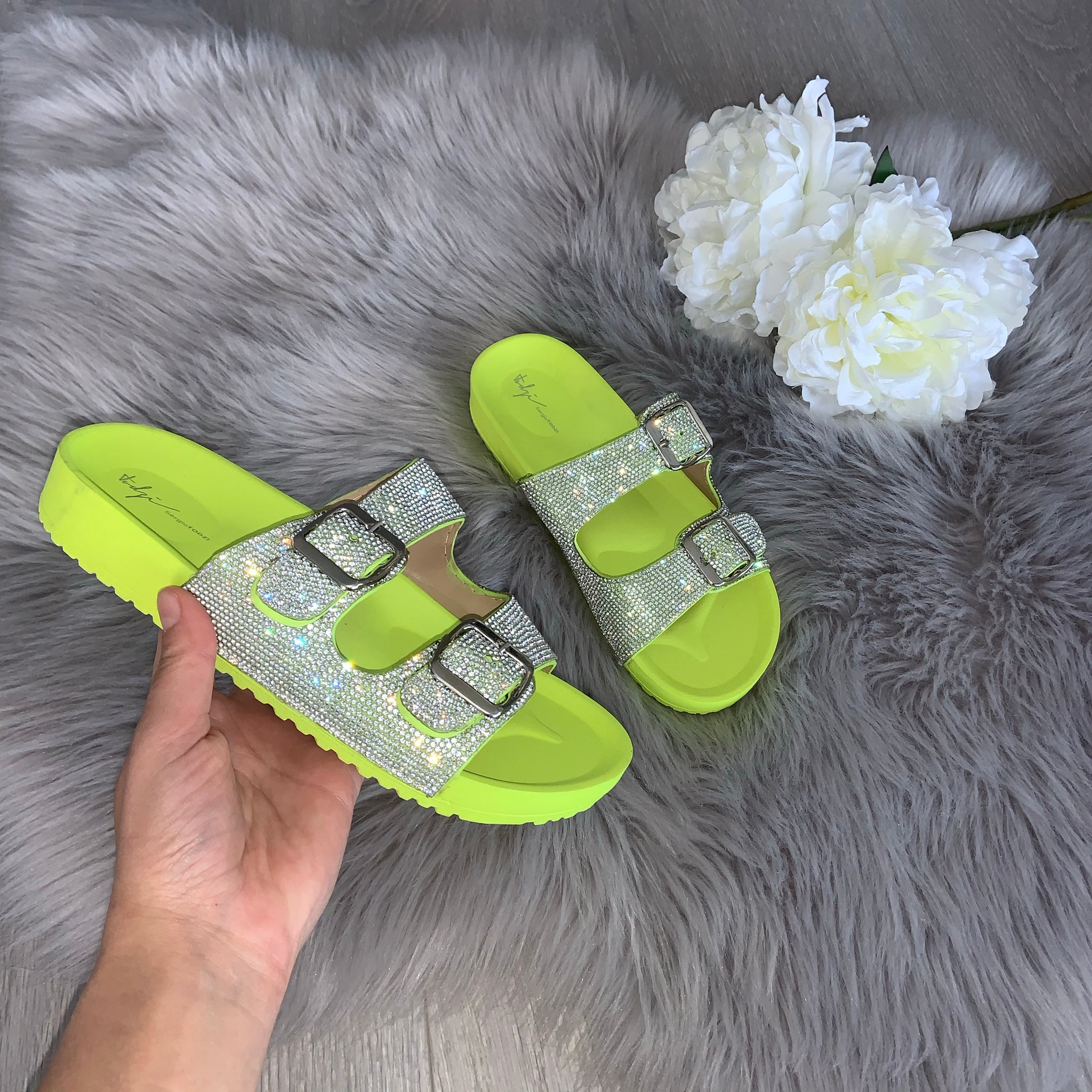 Raya crystal double strap buckle sandals - lime – LLUK