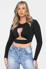 Liza cut out ring front crop top - black