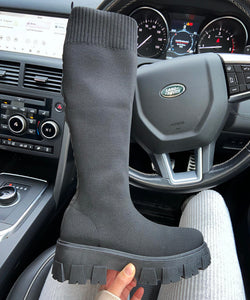 Rhea knee high chunky sole sock boots - black