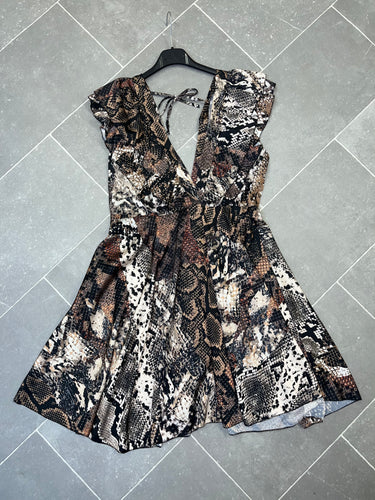 Snake print V plunge front dress - brown