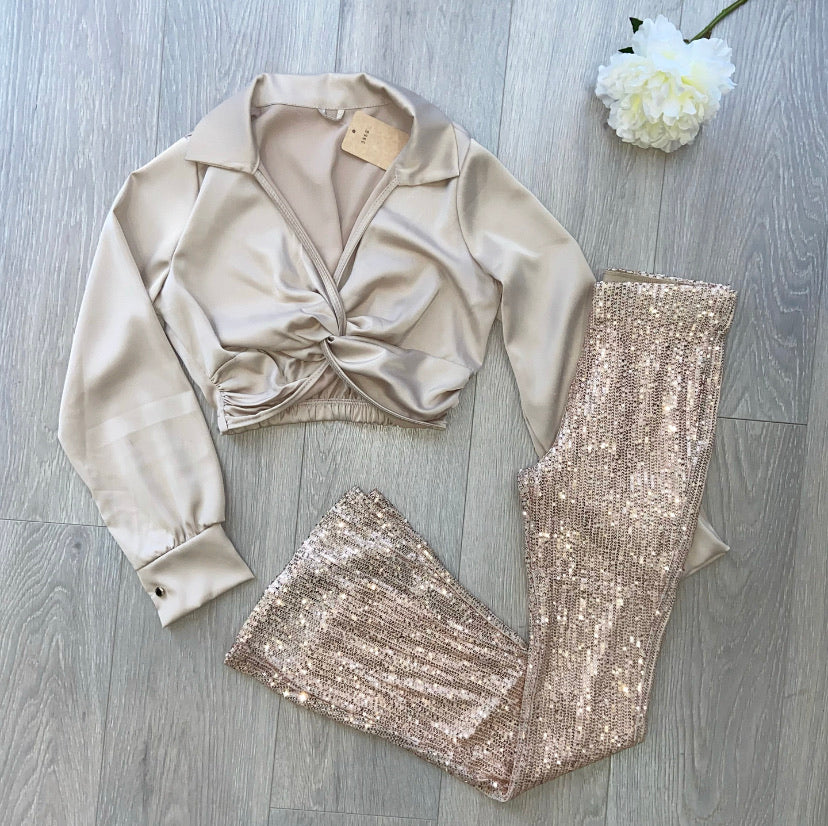 Ella sequin flare trousers - nude/gold