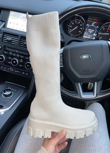 Rhea knee high chunky sole sock boots - cream