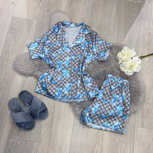 Bloom silky printed pyjamas short set - blue